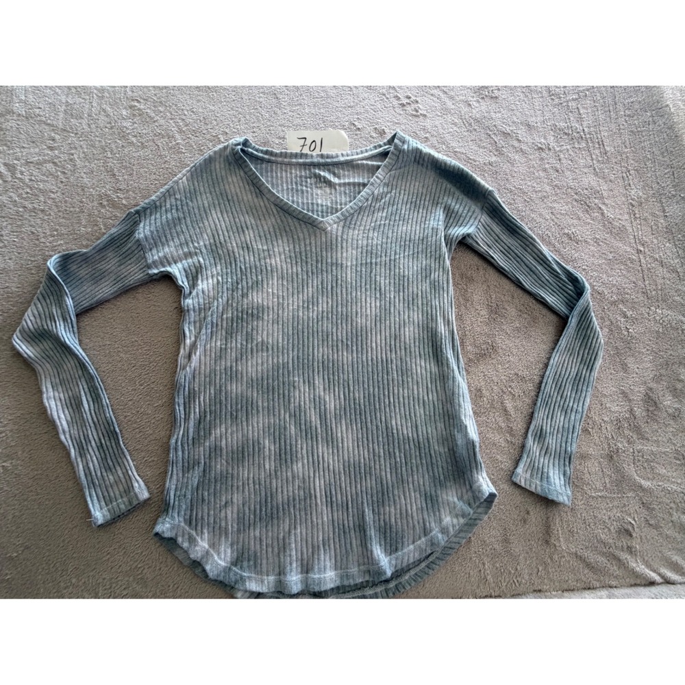 American Eagle Ribbed Top Womens Medium Blue Tie Dye V-Neck Long Sleeve Shirt